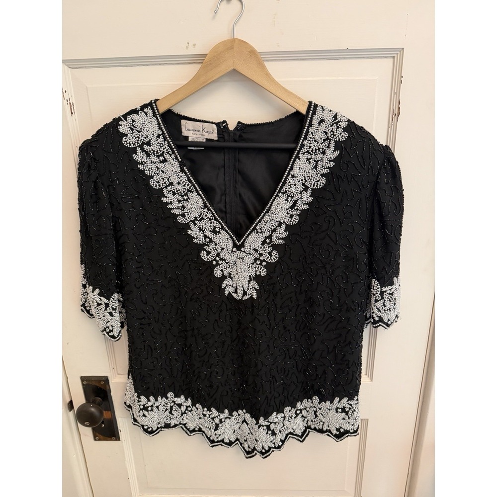 Laurence Kazar Vintage Women's Black Allover Beaded Blouse 80s V-Neck Size 1X